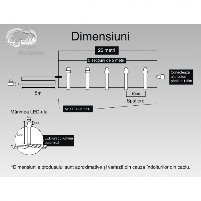 Instalatie Craciun, 25 m, 250 Led-uri ,Liniara, Albastru, 8 jocuri de lumini, Transformator, Interconectabila, Prelungitor 5 m inclus, Fir Verde, Flippy [6]