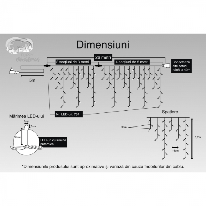 Instalatie Craciun, 26 m, 764 Led-uri ,Franjuri, Alb rece, Flash, Transformator cu telecomanda, Interconectabila, Prelungitor 5 m inclus, Fir Negru, Flippy [3]