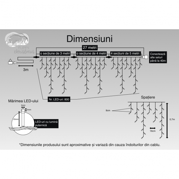 Instalatie Craciun, 27 m, 800 Led-uri ,Franjuri, Alb cald, Flash, Transformator cu telecomanda, Interconectabila, Prelungitor 3 m inclus, Fir Negru, Flippy [3]