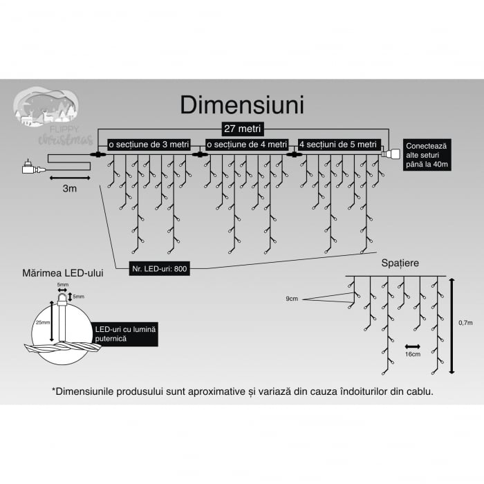 Lichidare Instalatie Craciun, 27 m, 800 Led-uri ,Franjuri, Alb cald, Flash, Transformator, Interconectabila, Prelungitor 3 m inclus, Fir Transparent, Flippy - Copie [3]