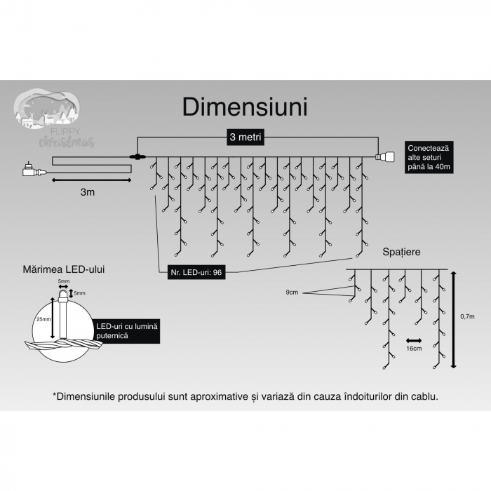 Instalatie Craciun, 3 m, 96 Led-uri ,Franjuri, Alb cald, Flash, Transformator, Interconectabila, Prelungitor 3 m inclus, Fir Transparent, Flippy [3]