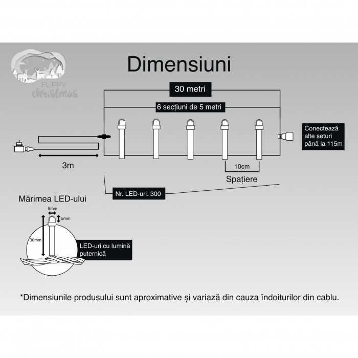 Instalatie Craciun, 30 m, 300 Led-uri ,Liniara, Albastru, 8 jocuri de lumini, Transformator, Interconectabila, Prelungitor 3 m inclus, Fir Transparent, Flippy [6]