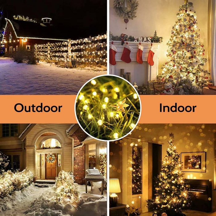 Instalatie Craciun, 32 metri, 300 de LED-uri, Alb Cald, cu energie solara, fir de cupru, liniar, interior/exterior, Flippy [10]