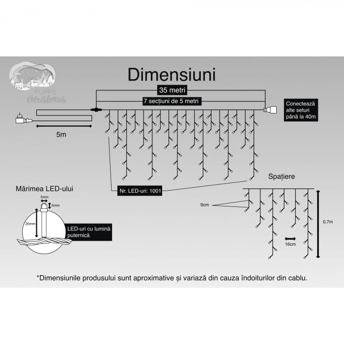 Instalatie Craciun, 35 m, 1001 Led-uri ,Franjuri, Rosu / Verde/ Albastru, Flash, Transformator cu telecomanda, Interconectabila, Prelungitor 5 m inclus, Fir Transparent, Flippy [3]