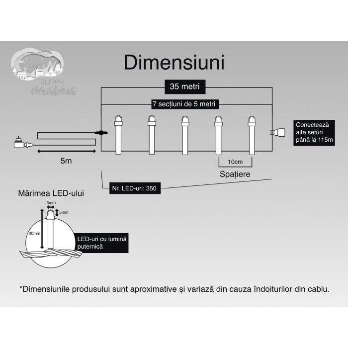 Instalatie Craciun, 35 m, 350 Led-uri ,Liniara, Alb rece, 8 jocuri de lumini, Transformator cu telecomanda, Interconectabila, Prelungitor 5 m inclus, Fir Transparent, Flippy [6]