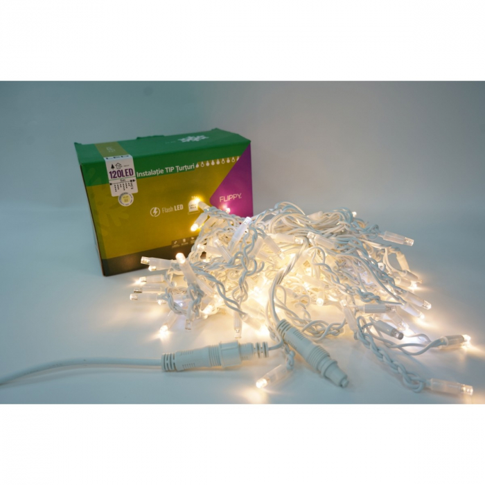 Instalatie Craciun, 35 m, Led-uri ,Franjuri, Alb cald, Flash, Alimentator, Interconectabila, Fir Alb Cauciucat, 220v, Flippy [9]