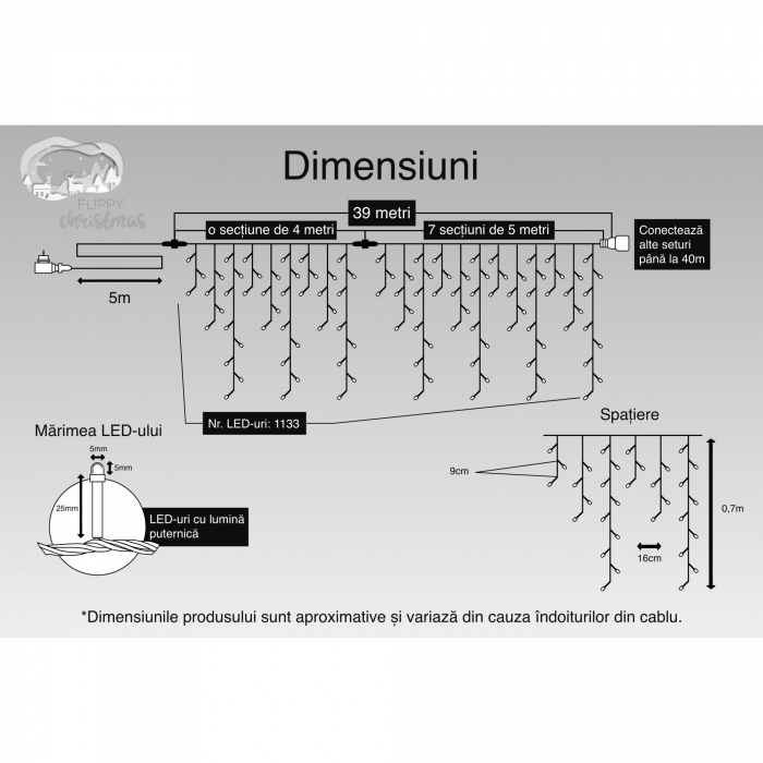 Instalatie Craciun, 39 m, 1133 Led-uri ,Franjuri, Alb cald, Flash, Transformator cu telecomanda, Interconectabila, Prelungitor 5 m inclus, Fir Transparent, Flippy [3]