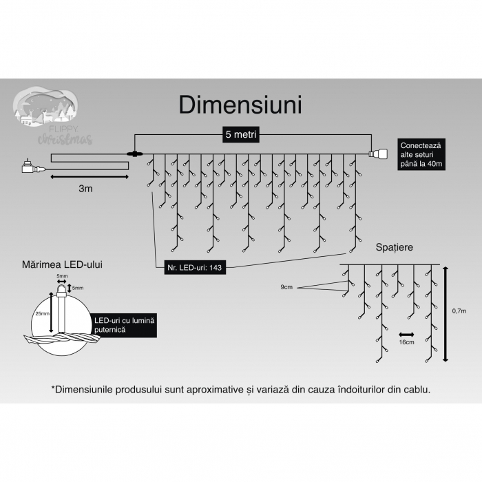 Instalatie Craciun, 5 m, 143 Led-uri ,Franjuri, Alb rece, Flash, Transformator, Interconectabila, Prelungitor 3 m inclus, Fir Alb, Flippy [3]
