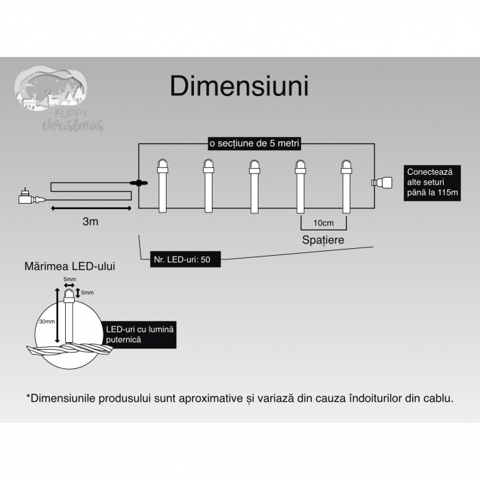 Instalatie Craciun, 5 m, 50 Led-uri ,Liniara, Rosu/Albastru/Rosu/Verde, Flash, Transformator cu telecomanda, Interconectabila, Prelungitor 3 m inclus, Fir Verde, Flippy [6]