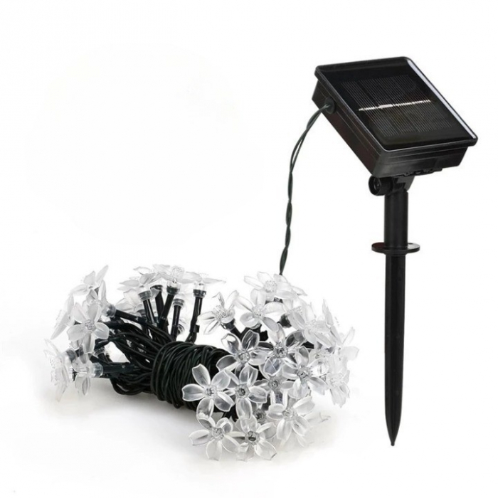 Instalatie Craciun, 5 metri, 20 Becuri LED tip Flori de cires, pentru exterior cu incarcare solara, Alb cald, Flippy [1]