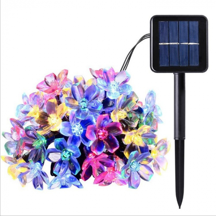 Instalatie Craciun, 5 metri, 20 Becuri LED tip Flori de cires, pentru exterior cu incarcare solara, Multicolor, Flippy [1]