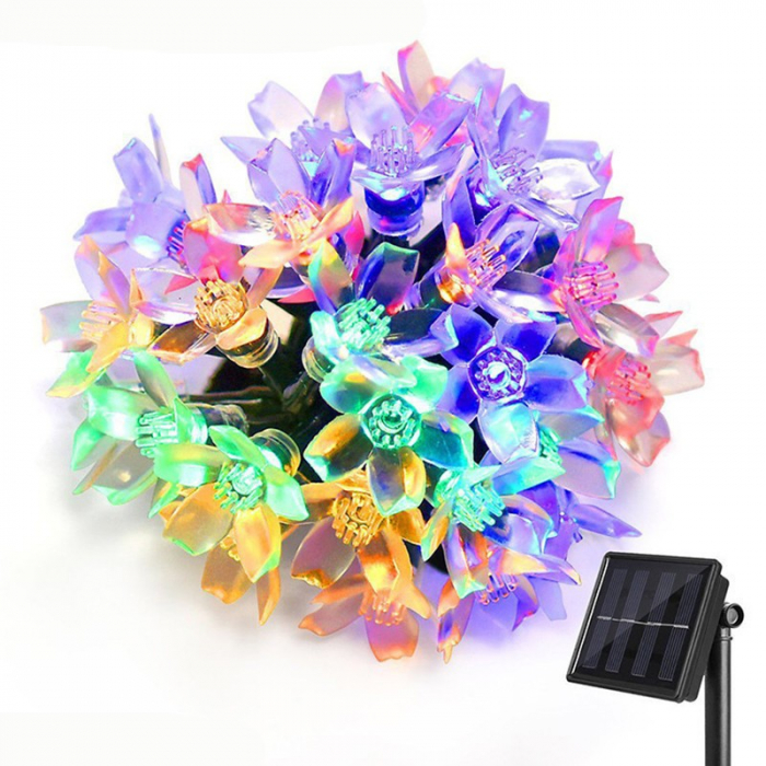 Instalatie Craciun, 5 metri, 20 Becuri LED tip Flori de cires, pentru exterior cu incarcare solara, Multicolor, Flippy [8]