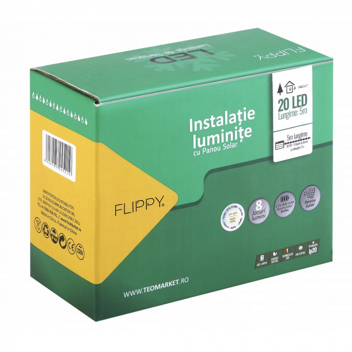 Instalatie Craciun, 5 metri, 20 de LED-uri cu ornament tip Bulb, 8 jocuri de lumini alb cald, cu energie solara, liniar, cablu verde, interior/exterior, Flippy [1]