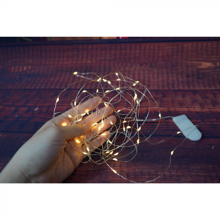 Instalatie Craciun, 5 metri, 50 LED-uri, alb cald, cu baterii, fir cupru, liniar, interior/exterior, Flippy [4]