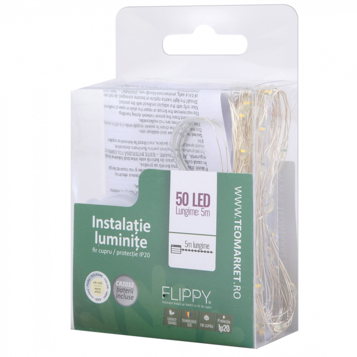 Instalatie Craciun, 5 metri, 50 LED-uri, alb cald, cu baterii, fir cupru, liniar, interior/exterior, Flippy [6]