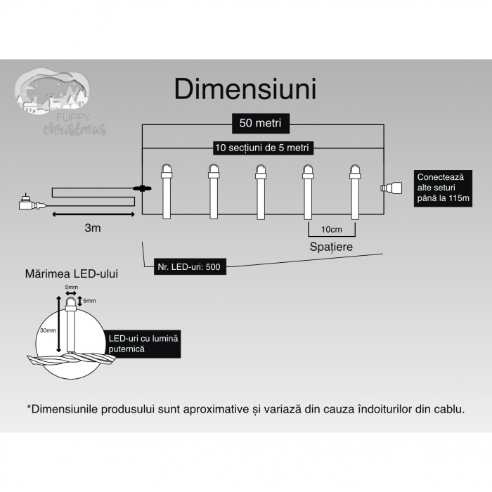 Instalatie Craciun, 50 m, 500 Led-uri ,Liniara, Albastru, 8 jocuri de lumini, Transformator cu telecomanda, Interconectabila, Prelungitor 3 m inclus, Fir Transparent, Flippy [6]