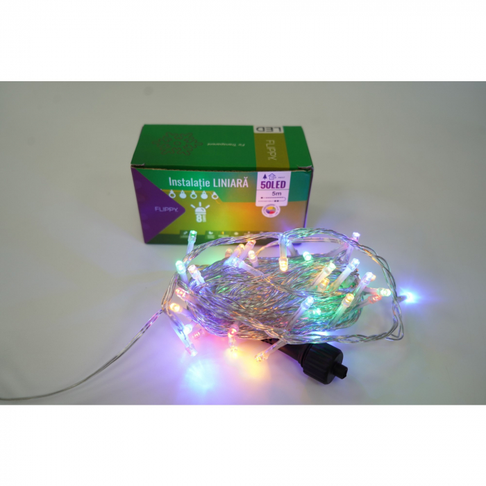 Instalatie Craciun, 50 m, 500 Led-uri ,Liniara, Multicolor, 8 jocuri de lumini, Transformator, Interconectabila, Prelungitor 5 m inclus, Fir Transparent, Flippy [3]