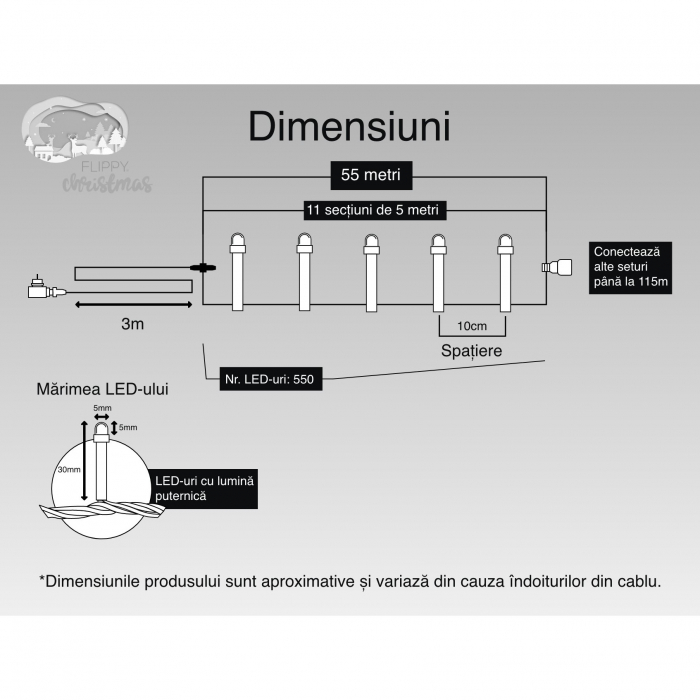 Instalatie Craciun, 55 m, 550 Led-uri ,Liniara, Rosu/Albastru/Rosu/Verde, Flash, Transformator, Interconectabila, Prelungitor 3 m inclus, Fir Verde, Flippy [6]