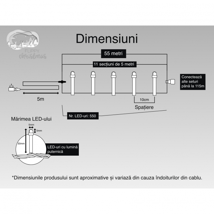 Instalatie Craciun, 55 m, 550 Led-uri ,Liniara, Rosu/Albastru/Rosu/Verde, Flash, Transformator, Interconectabila, Prelungitor 5 m inclus, Fir Verde, Flippy [6]