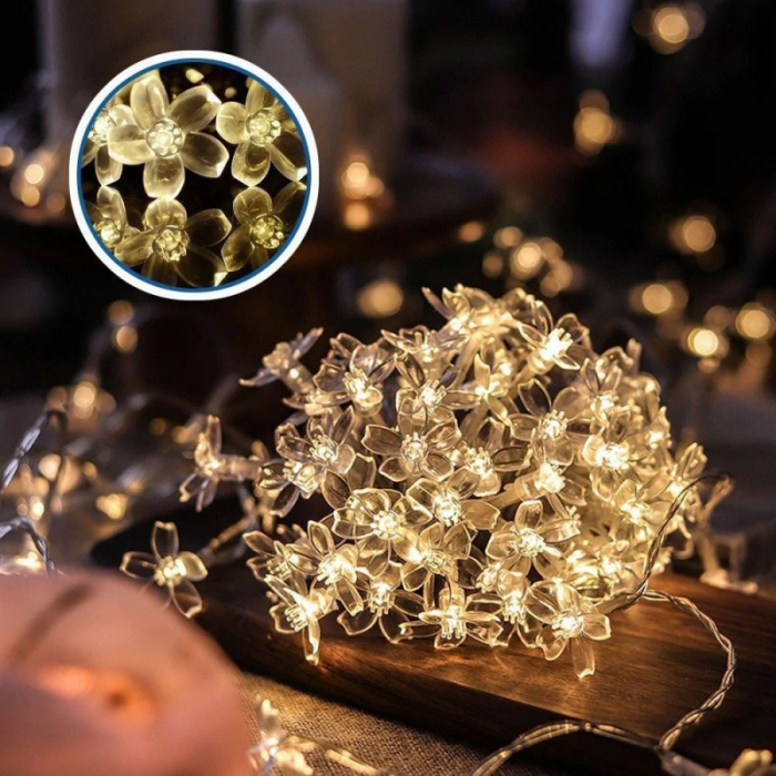 Instalatie Craciun, 6.5 metri, 30 Becuri LED tip Flori de cires, pentru exterior cu incarcare solara, Alb cald, Flippy [11]