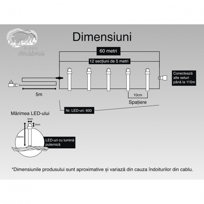Instalatie Craciun, 60 m, 600 Led-uri ,Liniara, Albastru, 8 jocuri de lumini, Transformator, Interconectabila, Prelungitor 5 m inclus, Fir Transparent, Flippy [6]