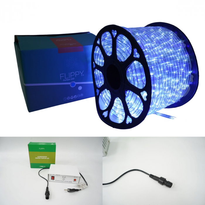 Instalatie Craciun, 68 m, 1632 Led-uri, Furtun Luminos, Alb rece/ Albastru, Transformator, 8 jocuri de lumini, Sectionabila, 220 V, Flippy [11]