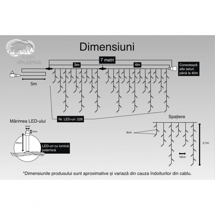 Instalatie Craciun, 7 m, 228 Led-uri ,Franjuri, Alb cald, Flash, Transformator cu telecomanda, Interconectabila, Prelungitor 5 m inclus, Fir Transparent, Flippy [3]