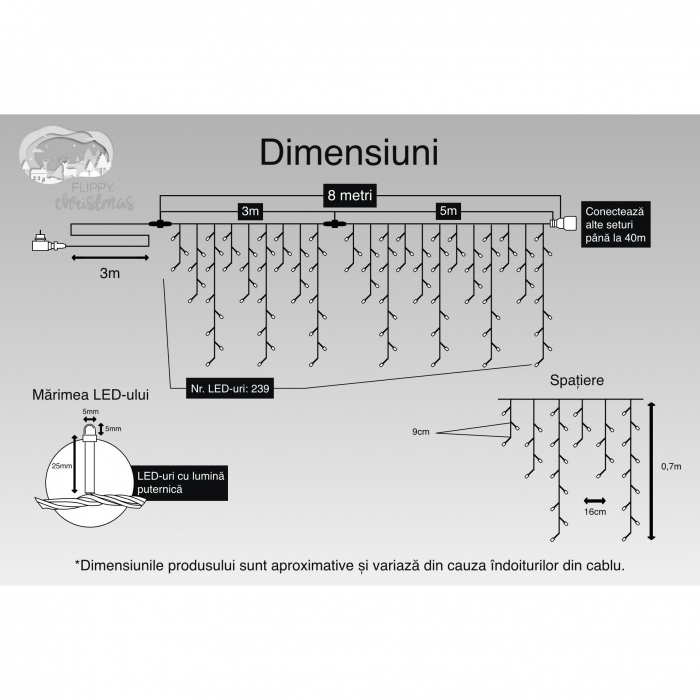 Instalatie Craciun, 8 m, 239 Led-uri ,Franjuri, Alb cald, Flash, Transformator cu telecomanda, Interconectabila, Prelungitor 3 m inclus, Fir Negru, Flippy [3]