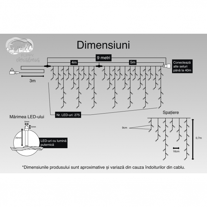 Instalatie Craciun, 9 m, 275 Led-uri ,Franjuri, Alb cald, Flash, Transformator cu telecomanda, Interconectabila, Prelungitor 3 m inclus, Fir Transparent, Flippy [3]