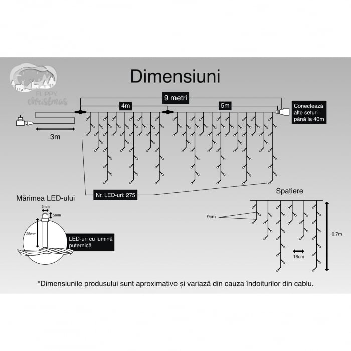 Instalatie Craciun, 9 m, 275 Led-uri ,Franjuri, Alb rece, Flash, Transformator cu telecomanda, Interconectabila, Prelungitor 3 m inclus, Fir Negru, Flippy [3]
