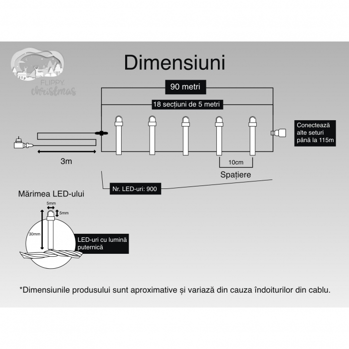 Instalatie Craciun, 90 m, 900 Led-uri ,Liniara, Albastru, 8 jocuri de lumini, Transformator, Interconectabila, Prelungitor 3 m inclus, Fir Transparent, Flippy [6]