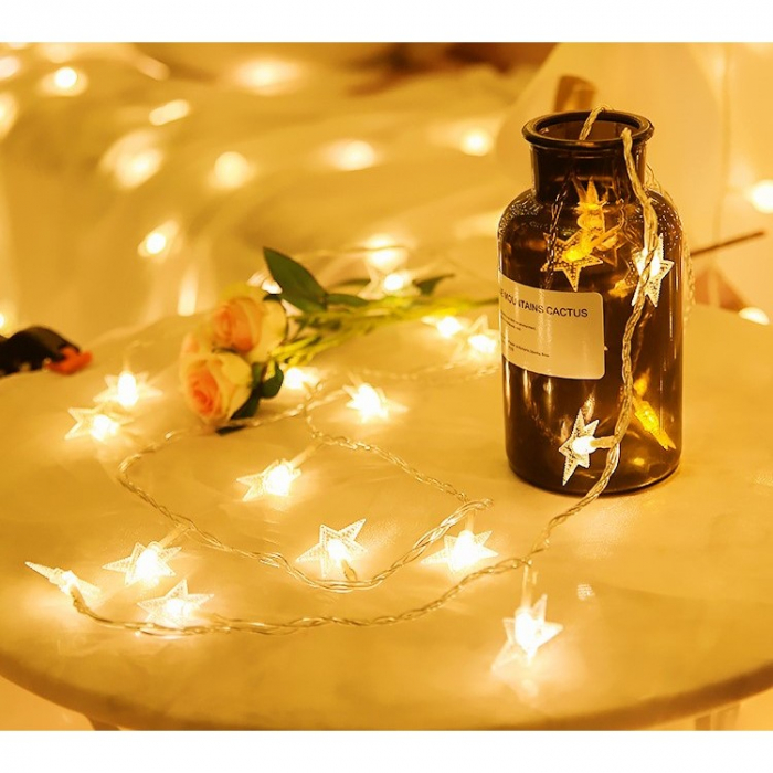 Instalatie Craciun cu baterii, 3 metri, 20 LED-uri tip Stea, fir Transparent, Alb Cald, Flippy [3]