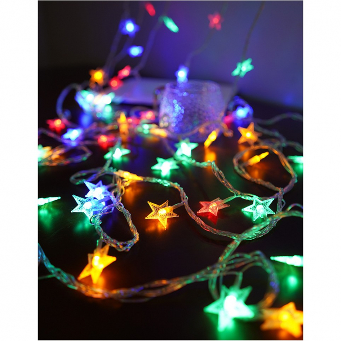 Instalatie Craciun cu baterii, 6 metri, 40 LED-uri tip Stea, fir Transparent, alb cald, Flippy [2]
