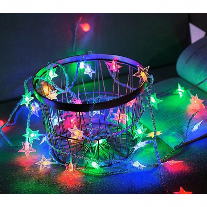 Instalatie Craciun cu baterii, 6 metri, 40 LED-uri tip Stea, fir Transparent, alb cald, Flippy [1]