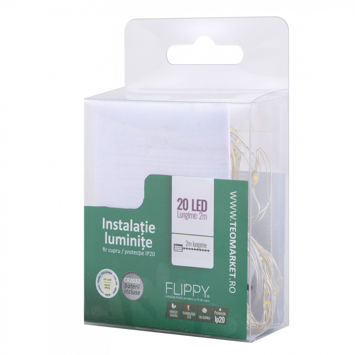 Instalatie Craciun, Liniara, 2 m, Baterii, 20 LED-uri, Alb Cald, Fir Cupru, Interior/Exterior, Flippy [6]