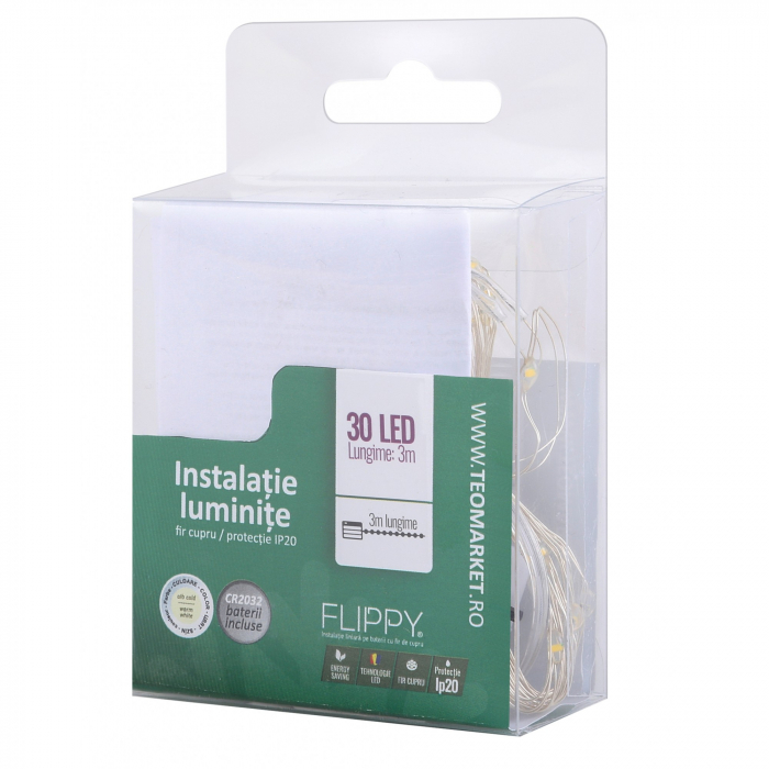 Instalatie Craciun, Liniara, 3 m, Baterii, 30 LED-uri, Alb Cald, Fir Cupru, Interior/Exterior, Flippy [9]