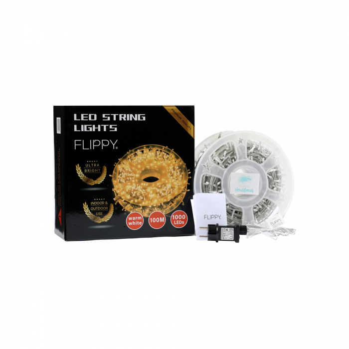 Instalatie Craciun liniara cu transformator, 100m, alb cald, 1000 LED-uri, fir transparent, 8 jocuri de lumini, Flippy [4]