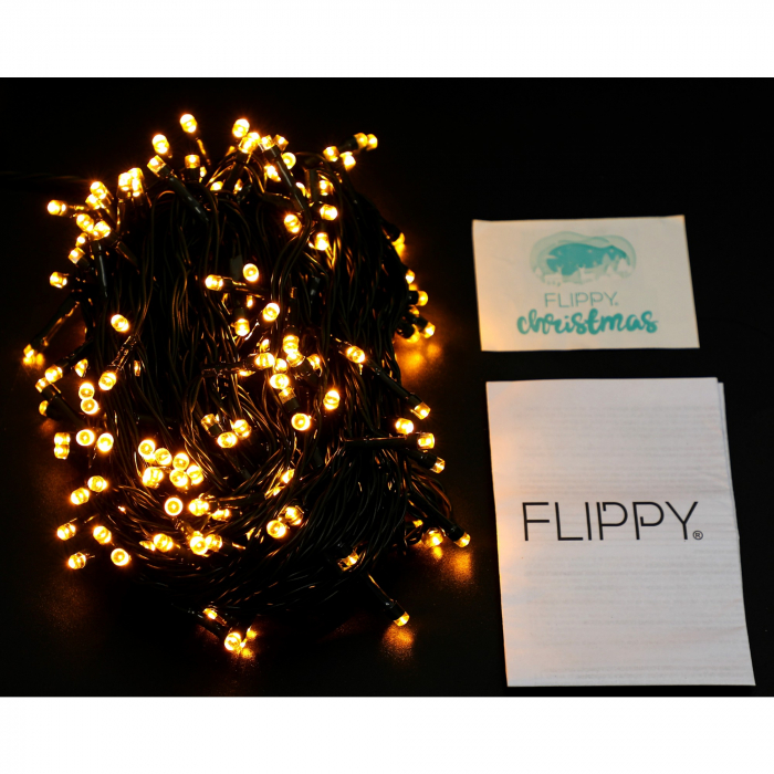 Instalatie Craciun liniara, cu transformator, 20 m, Alb Cald, 200 LED-uri V5, 8 jocuri de lumini, fir verde, Flippy [6]