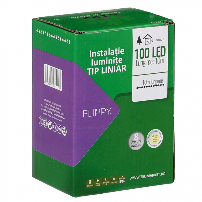 Instalatie Craciun liniara, cu transformator 31V, 10m, alb cald, 100 LED-uri V5, 8 jocuri de lumini, Fir verde, Flippy [2]