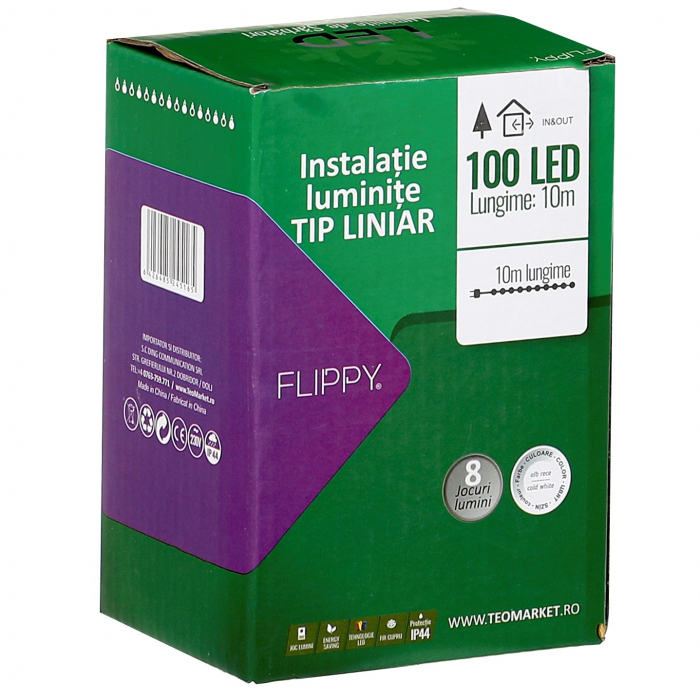 Instalatie Craciun liniara, cu transformator 31V, 10m, Alb Rece, 100 LED-uri V5, 8 jocuri de lumini, Fir verde, Flippy [2]