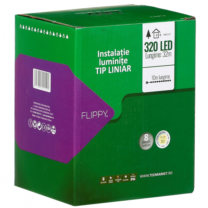 Instalatie Craciun liniara, cu transformator 31V, 32 m, Alb Rece, 320 LED-uri V5, 8 jocuri de lumini, fir verde, Flippy [2]