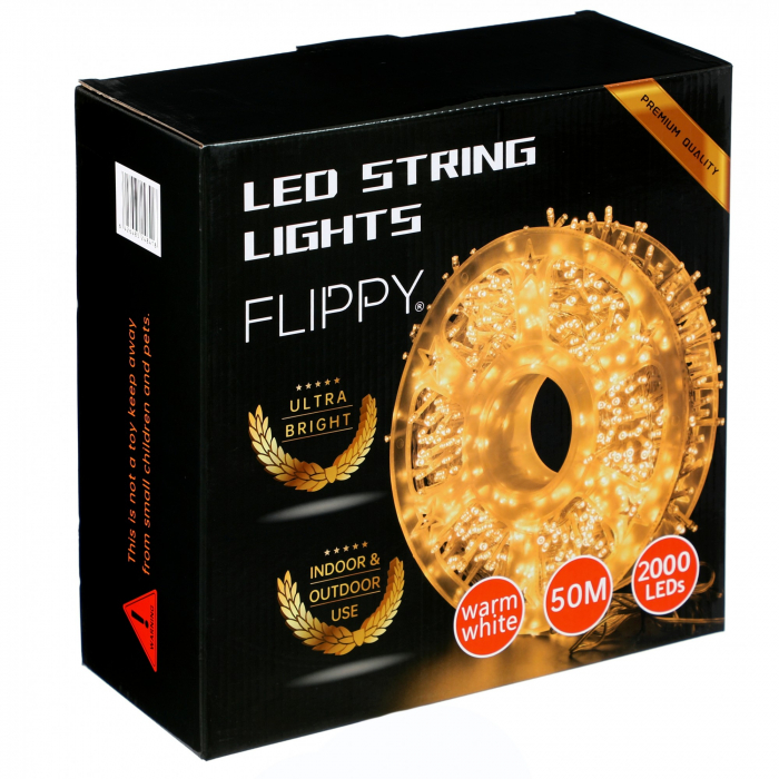 Instalatie Craciun liniara, fir transparent, cu transformator, 50m, alb cald, 2000 LED-uri, 8 jocuri de lumini, Flippy [2]