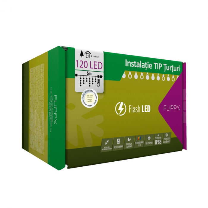 Instalatie Craciun Profesionala de Exterior IP65, 5 m, 120 Led-uri Mari ,Franjuri, Alb cald, Flash, Alimentator, Interconectabila, Prelungitor 6.5 m inclus, Fir Negru Cauciucat, 220v, Flippy [5]