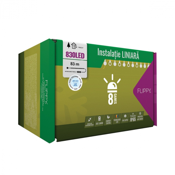 Instalatie Craciun Profesionala de Exterior IP65, 83 m, 830 Led-uri Mari ,Liniara, Alb rece, Interconectabila, Prelungitor 1.5 m inclus, Fir Negru, Flippy [1]