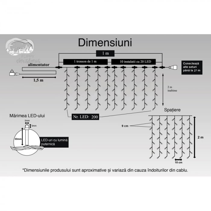 Instalatie Craciun Profesionala de Exterior IP65, Tip Perdea, 1m x 2m, 200 Led-uri Mari, Alb rece, cu flash, Alimentator 1,5 m, Interconectabila, Fir negru, Flippy [11]