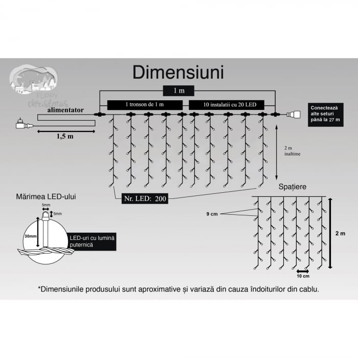 Instalatie Craciun Profesionala de Exterior IP65, Tip Perdea, 1m x 2m, 200 Led-uri Mari, Alb rece, cu flash, Alimentator 1,5 m, Interconectabila, Fir negru, Flippy [6]