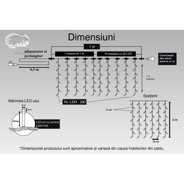 Instalatie Craciun Profesionala de Exterior IP65, Tip Perdea, 1m x 2m, 200 Led-uri Mari, Alb rece, cu flash, Alimentator si prelungitor 6,5 m, Interconectabila, Fir negru, Flippy [11]
