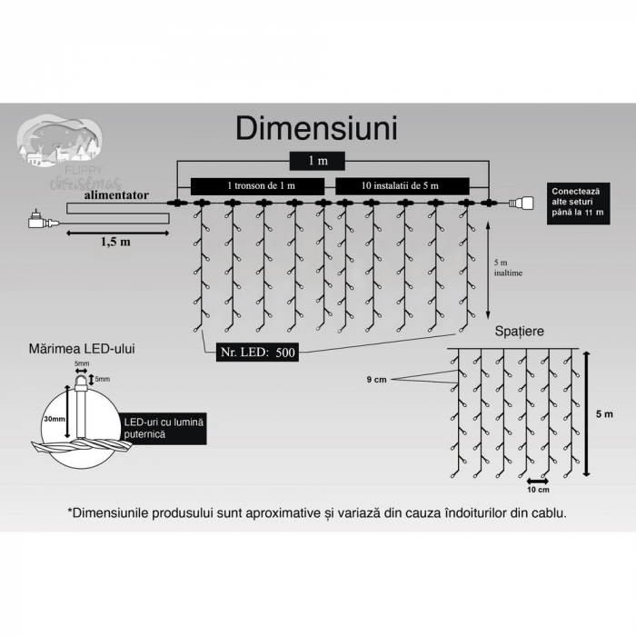 Instalatie Craciun Profesionala de Exterior IP65, Tip Perdea, 1m x 5m, 500 Led-uri Mari, Alb cald, cu flash, Alimentator 1,5 m, Interconectabila, Fir negru, Flippy [12]