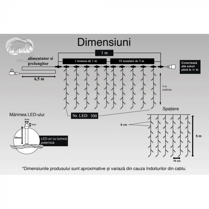Instalatie Craciun Profesionala de Exterior IP65, Tip Perdea, 1m x 5m, 500 Led-uri Mari, Alb cald, cu flash, Alimentator si prelungitor 6,5 m, Interconectabila, Fir negru, Flippy [12]
