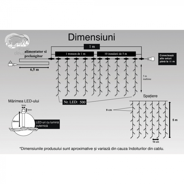 Instalatie Craciun Profesionala de Exterior IP65, Tip Perdea, 1m x 5m, 500 Led-uri Mari, Alb rece, cu flash, Alimentator si prelungitor 6,5 m, Interconectabila, Fir negru, Flippy [6]